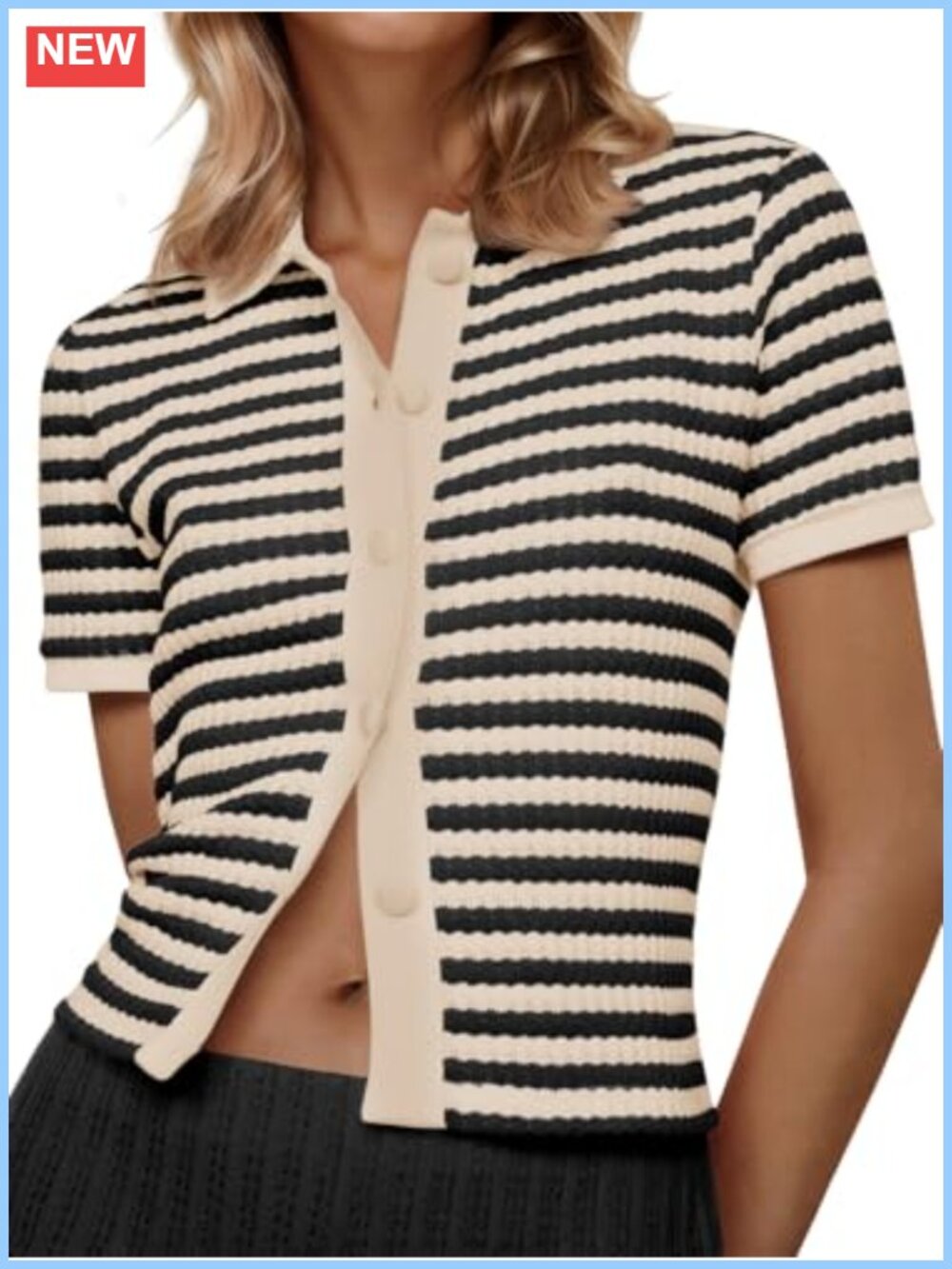 Womens Striped Short Sleeve Polo Collar Button Crochet Crop Cardigan Sweater